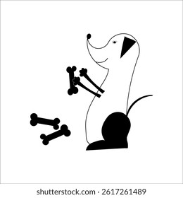 Dog character icon. Bone shape vector. Sitting pet silhouette. Minimal dog drawing.