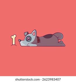Um personagem de cachorro está deitado no chão, olhando para uma ilustração de vetor ósseo. Mascote, conceito de design animal.