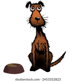 Dog Character Making Plaintive Look Next To Empty Plate. Vector illustration transparent background. Character: False, unkempt, skinny dog is waiting for the owner.