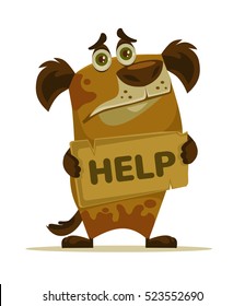 Dog character need home and help. Vector flat cartoon illustration