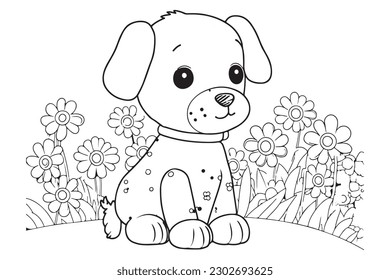 Dog Character Vector, Coloring Book Page with Dog, Coloring page outline of a cute dog, coloring page with Animal character 