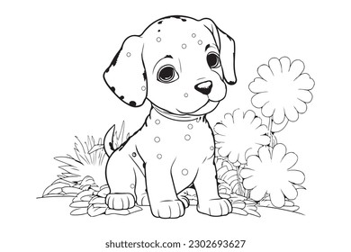 Dog Character Vector, Coloring Book Page with Dog, Coloring page outline of a cute dog, coloring page with Animal character 