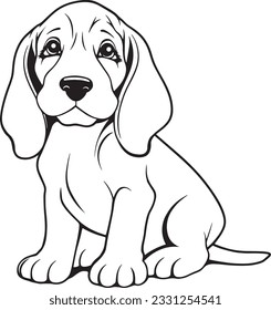 Dog Character Vector, Coloring Book Page with Dog, Coloring page outline of a cute dog, coloring page with Animal character, cartoon cute puppy coloring page for Kids, Basset Hound dog