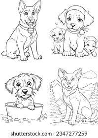 Vector de caracteres de perro, página del libro de coloreado con perros, esquema de página de coloreado de un adorable cachorro, página de color con carácter animal