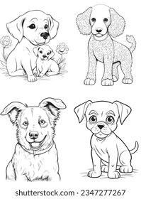 Dog Character Vector, Coloring Book Page with dogs, Coloring page outline of a cute Puppy, coloring page with Animal character