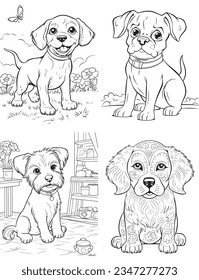 Dog Character Vector, Coloring Book Page with dogs, Coloring page outline of a cute Puppy, coloring page with Animal character
