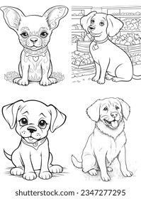 Dog Character Vector, Coloring Book Page with dogs, Coloring page outline of a cute Puppy, coloring page with Animal character