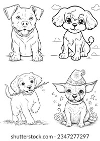 Vector de caracteres de perro, página del libro de coloreado con perros, esquema de página de coloreado de un adorable cachorro, página de color con carácter animal