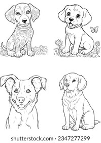 Dog Character Vector, Coloring Book Page with dogs, Coloring page outline of a cute Puppy, coloring page with Animal character