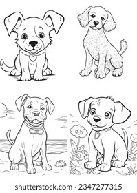 Vector de caracteres de perro, página del libro de coloreado con perros, esquema de página de coloreado de un adorable cachorro, página de color con carácter animal