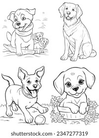 Vector de caracteres de perro, página del libro de coloreado con perros, esquema de página de coloreado de un adorable cachorro, página de color con carácter animal