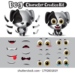 Dog characters creation vector set. Dogs character dalmatian animals editable create eyes, mouth and body kit with different feelings, pose  and gestures for animal collection design. 