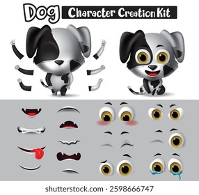 Dog characters creation vector set. Dogs character dalmatian animals editable create eyes, mouth and body kit with different feelings, pose and gestures for animal collection design.