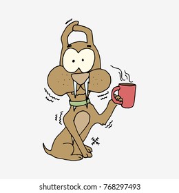 Dog characters doodle sticker. Cold puppy with coffee. Hand drawn vector illustration