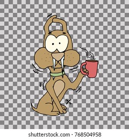 Dog characters doodle sticker. Cold puppy with coffee. Hand drawn vector illustration