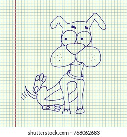 Dog characters doodle sticker. Puppy scratching. Hand drawn vector illustration