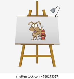 Dog characters doodle sticker. Puppy pee on water hydrant. Hand drawn vector illustration