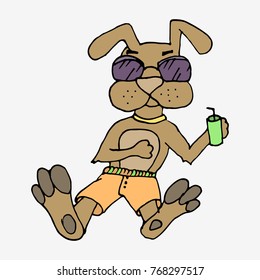 Dog characters doodle sticker. Puppy with cocktail. Hand drawn vector illustration