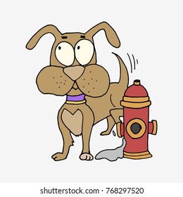 Dog characters doodle sticker. Puppy pee on water hydrant. Hand drawn vector illustration