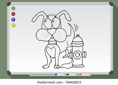 Dog characters doodle sticker. Puppy pee on water hydrant. Hand drawn vector illustration