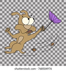 Dog characters doodle sticker. Puppy with umbrella in windy weather. Hand drawn vector illustration