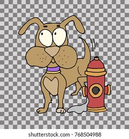 Dog characters doodle sticker. Puppy pee on water hydrant. Hand drawn vector illustration