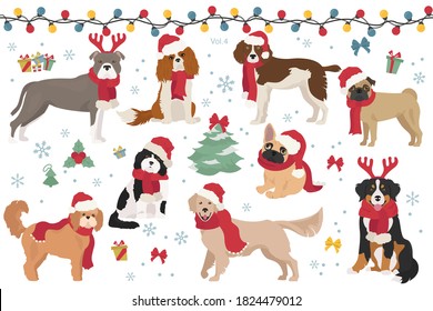 Dog Characters In Santa Hats And Scarves. Christmas Holiday Design. Vector Illustration