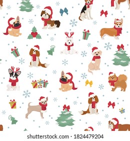 Dog Characters In Santa Hats And Scarves. Christmas Holiday Seamless Pattern Design. Vector Illustration