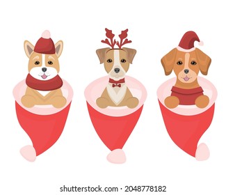 Dog characters in Santa hats and scarves.