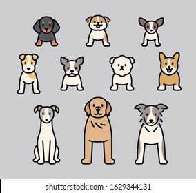 Dog characters of various brands. Dogs are standing in front of you. flat design style minimal vector illustration.