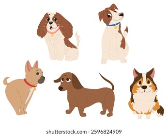 Dog characters vector set, perfect for pet sticker collections. Playful design for digital graphics, social media posts, textile, posters, web banners and holiday decor