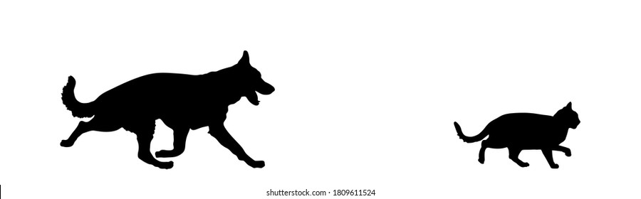 Perro persigue la ilustración de la silueta vectorial del gato aislada en el fondo blanco.  El pastor alemán corre a atrapar al gato rápido. Juego de diversión para mascotas al aire libre.