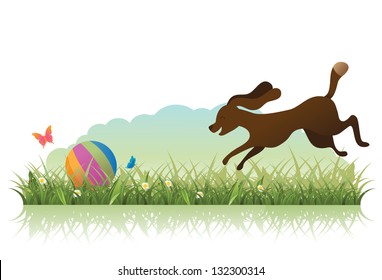Dog chasing a ball in the grass.  EPS 8 vector, grouped for easy editing. No open shapes or paths.