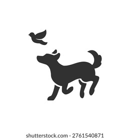 Dog chasing bird icon. Playful pet behavior and animal interaction concept. Monochrome black and white symbol