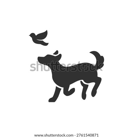 Dog chasing bird icon. Playful pet behavior and animal interaction concept. Monochrome black and white symbol