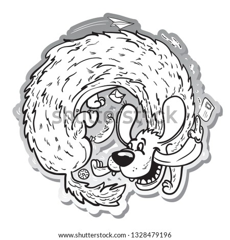 dog chasing black and white sticker cartoon illustration isolated on white