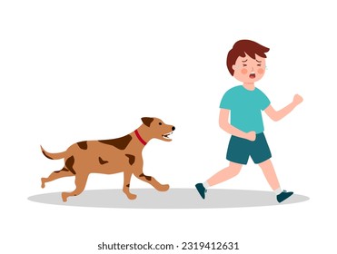 Dog chasing boy kids in flat design on white background. Dog bite.