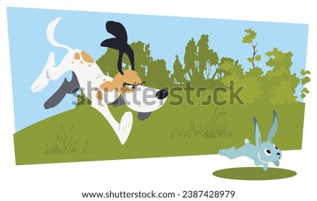 Dog chasing hare. Illustration concept template for website, web landing page, banner, presentation, social, poster, promotion or print media.
