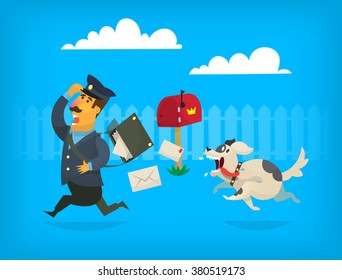 Dog is chasing a mailman along the fence. The man is loosing letters from his bag. 