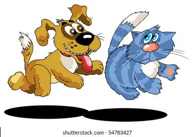 The dog chasing a striped cat (vector and illustration);