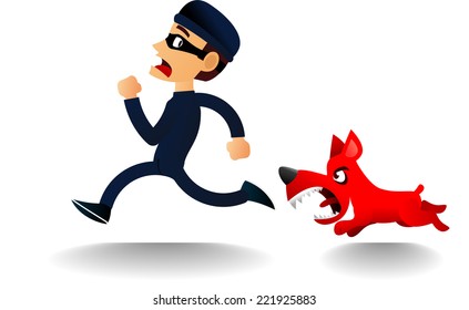 Dog chasing thief, with burglar dressed in black with also a black thief mask and furious dog running after him vector illustration. 