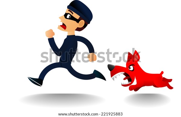 泥棒を追いかける犬 黒い服を着た泥棒 黒い泥棒の仮面 怒り狂った犬も 彼を追いかけているベクターイラスト のベクター画像素材 ロイヤリティフリー