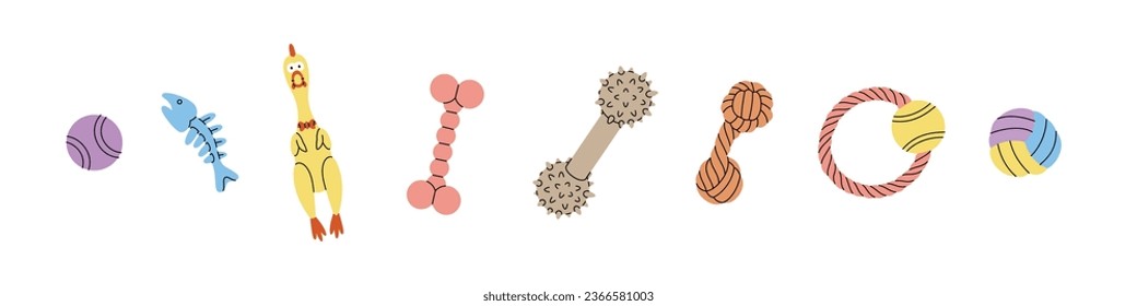El perro mastica juguetes. Pollo de goma, bolas, esqueleto de hueso de pescado, juguetes masticados. Accesorios para animales, suministros para mascotas. Ilustración vectorial.