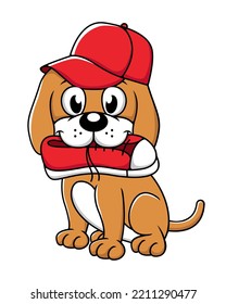 Dog chewing a shoes with wearing snap back hat vector cartoon illustration