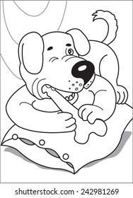 Dog chews a bone. Puppy lying on a bed and chewing a large bone. Coloring page