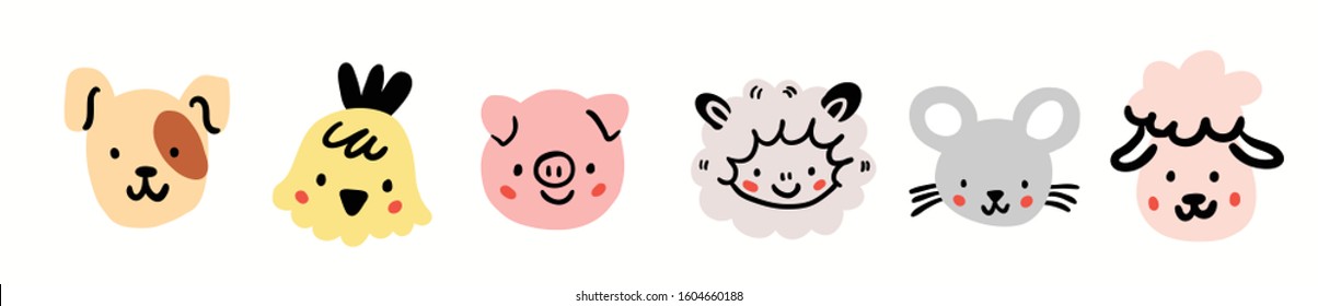 Dog, Chicken, Pig, Sheep, Mouse, Goat Round Face Head Icon Set. Cute Farm Animals. Cute Cartoon Character. Funny Baby Kids Print. Flat Design. White Background Isolated