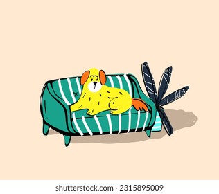 The dog is chilling on the couch.Lovely pets .Funny illustration with pets