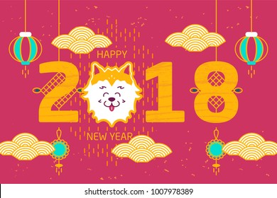 Dog China 2018 design concept. Dog cartoon vector illustration in flat style. Template for a poster, cards, banner, background. New Year illustration with chines symbols and funny dog. 