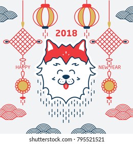 Dog China 2018 design concept. Dog cartoon vector illustration in flat style. Template for a poster, cards, banner, background. New Year illustration with chines symbols.