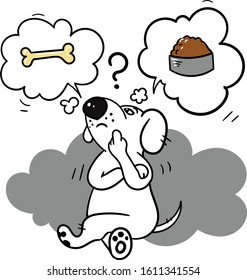 dog chooses between bone and food for dogs, vector illustration, minimalism